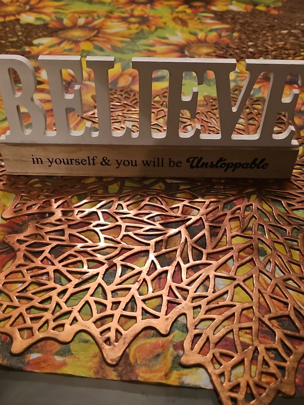 Wood Wood White and Natural Brown BELIEVE Table Decor Sign